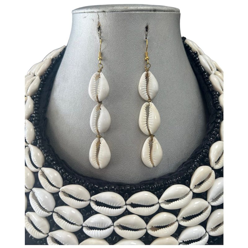 African cowrie shell earrings and necklace design.