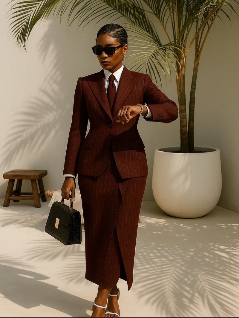 Professional elegance with a structured blazer and skirt.