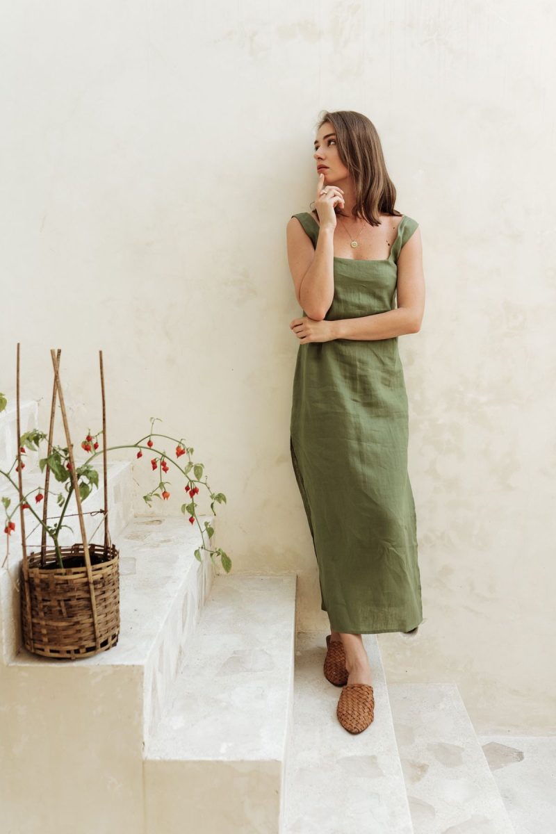 Eco-luxury dress made from organic linen, highlighting sustainable fashion.