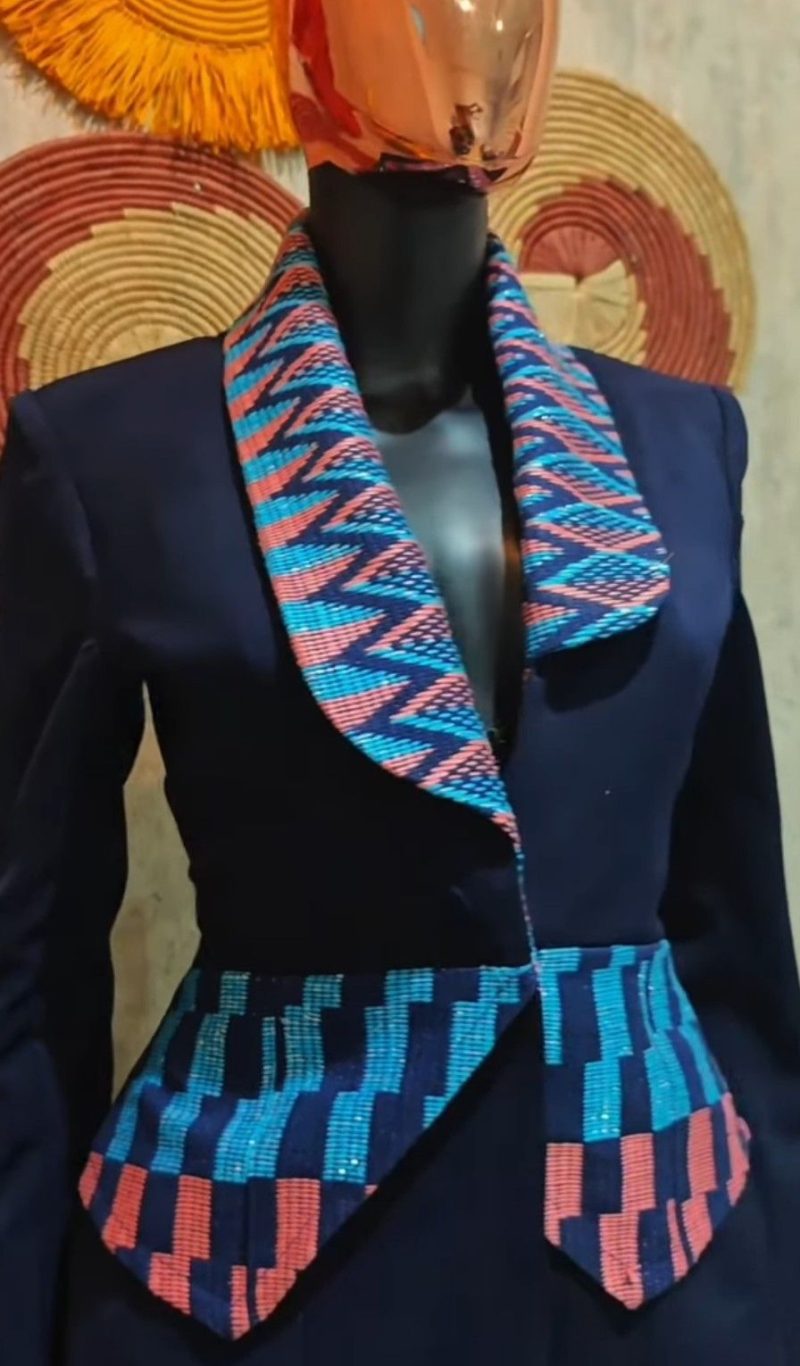 Blazer with minimal African print detailing on the lapel.
