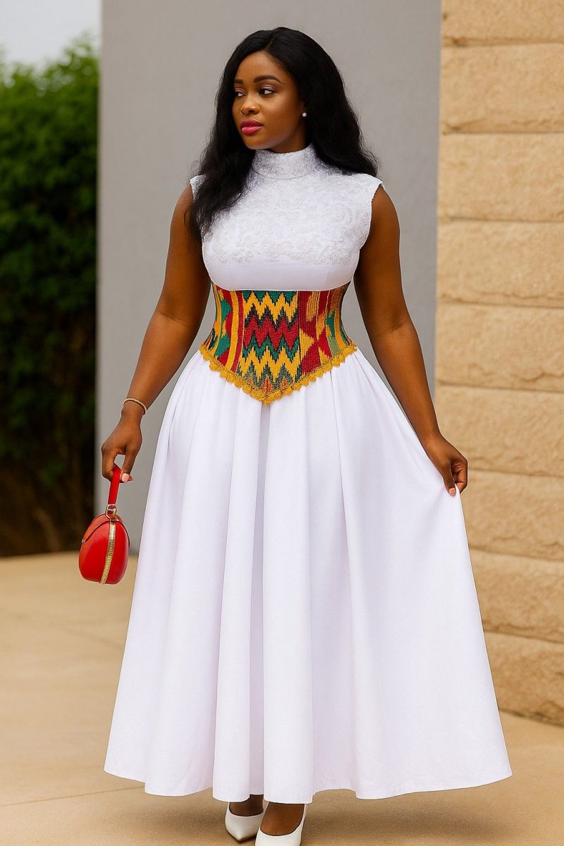 Minimalist corporate dress with a subtle African-inspired belt.
