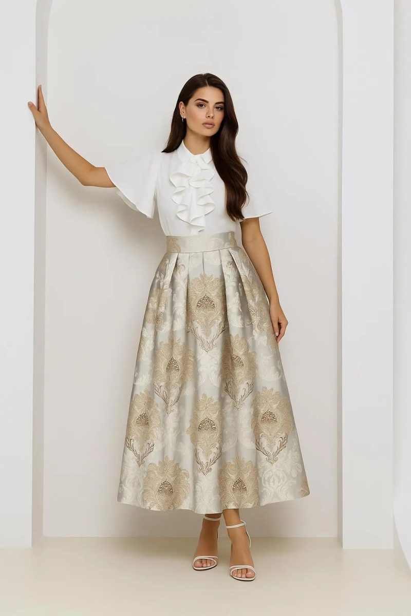 Chic women’s outfit featuring a jacquard skirt.