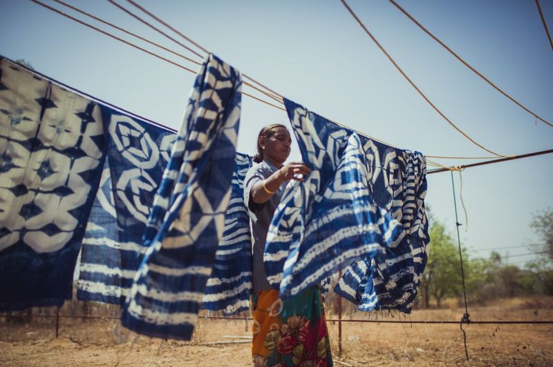 A view of natural indigo-dyed Adire Eleko fabric with subtle variations in blue, highlighting the artisanal quality.