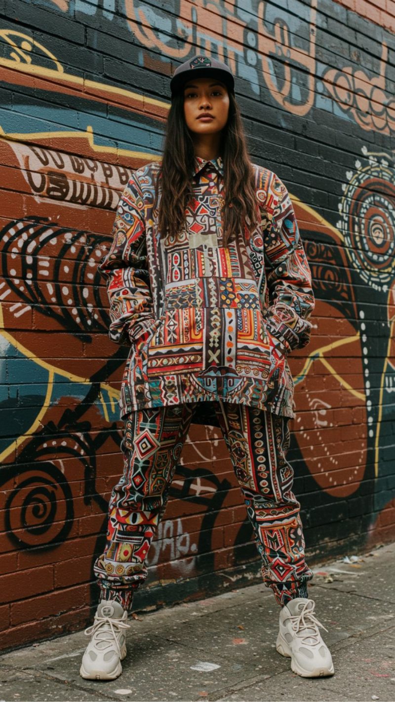 Stylish person in a Western city wearing a vibrant garment made from a textile heritage revival fabric, illustrating the new global style narrative and Afropolitan identity