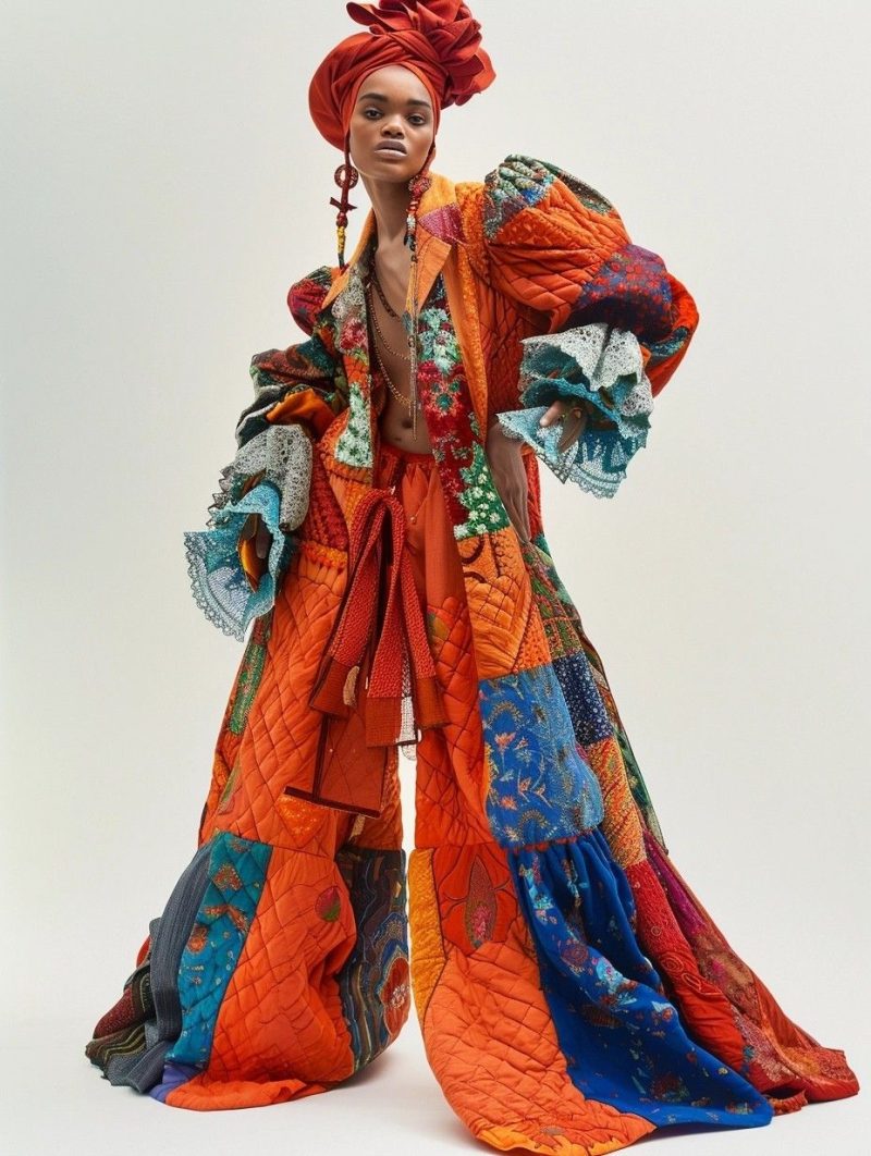 An upcycled dress made from contrasting patched fabrics, demonstrating intentional design and circularity in Black history.