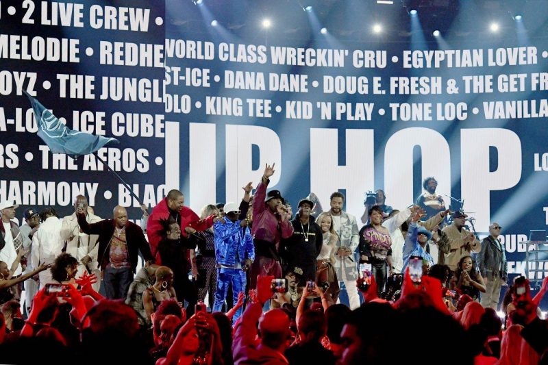 A group of legendary hip hop artists performing together at the 2023 GRAMMYs