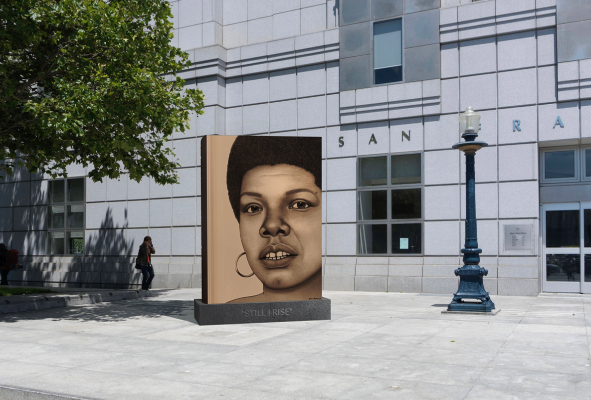 Public art honouring Dr Maya Angelou, whose personal art collection entered Black fine art auctions through Swann Galleries
