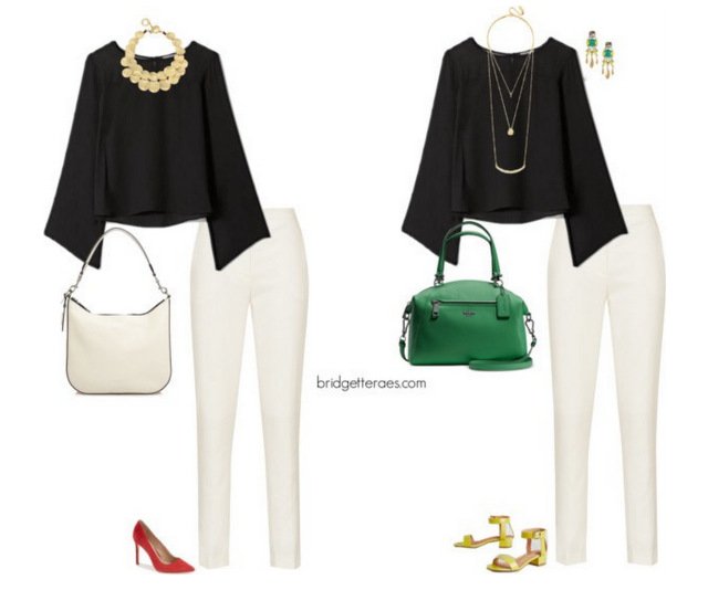 A picture of a styled outfit with one dominant accessory each.