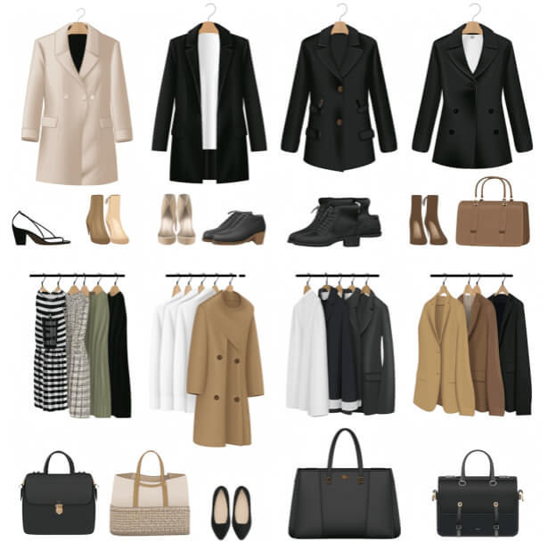 A picture of a minimalist wardrobe showcasing intentional high-impact accessories with balanced colour, texture, and geometry for quiet luxury style.