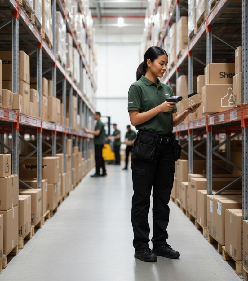 In an African textile factory, a worker utilises a tablet for digital tracking, demonstrating the integration of technology to enhance supply chain efficiency.