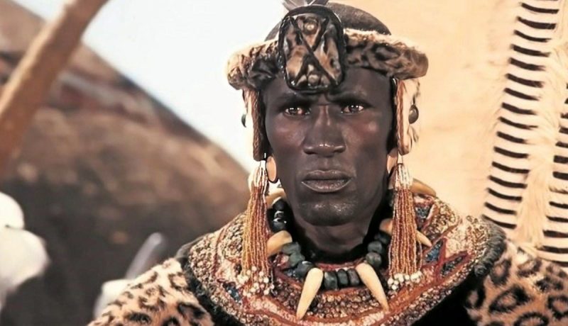 Film still of Henry Cele portraying Shaka Zulu in the 1986 television series.