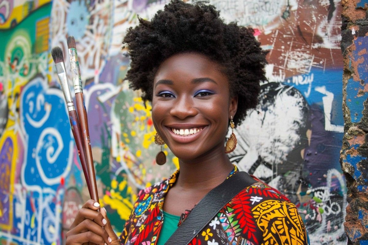 African artist celebrating linguistic heritage through traditional patterns and cultural pride
