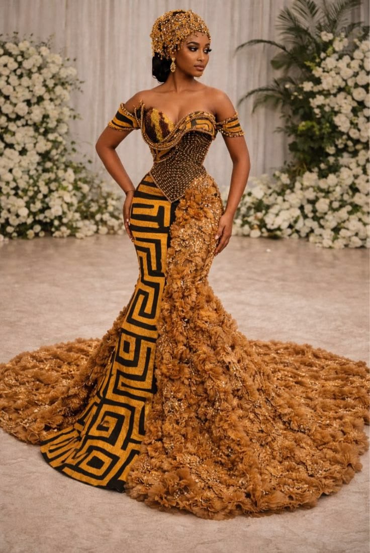 A picture showing a woman wearing an Ankara gown with a modern twist, showing cultural confidence.