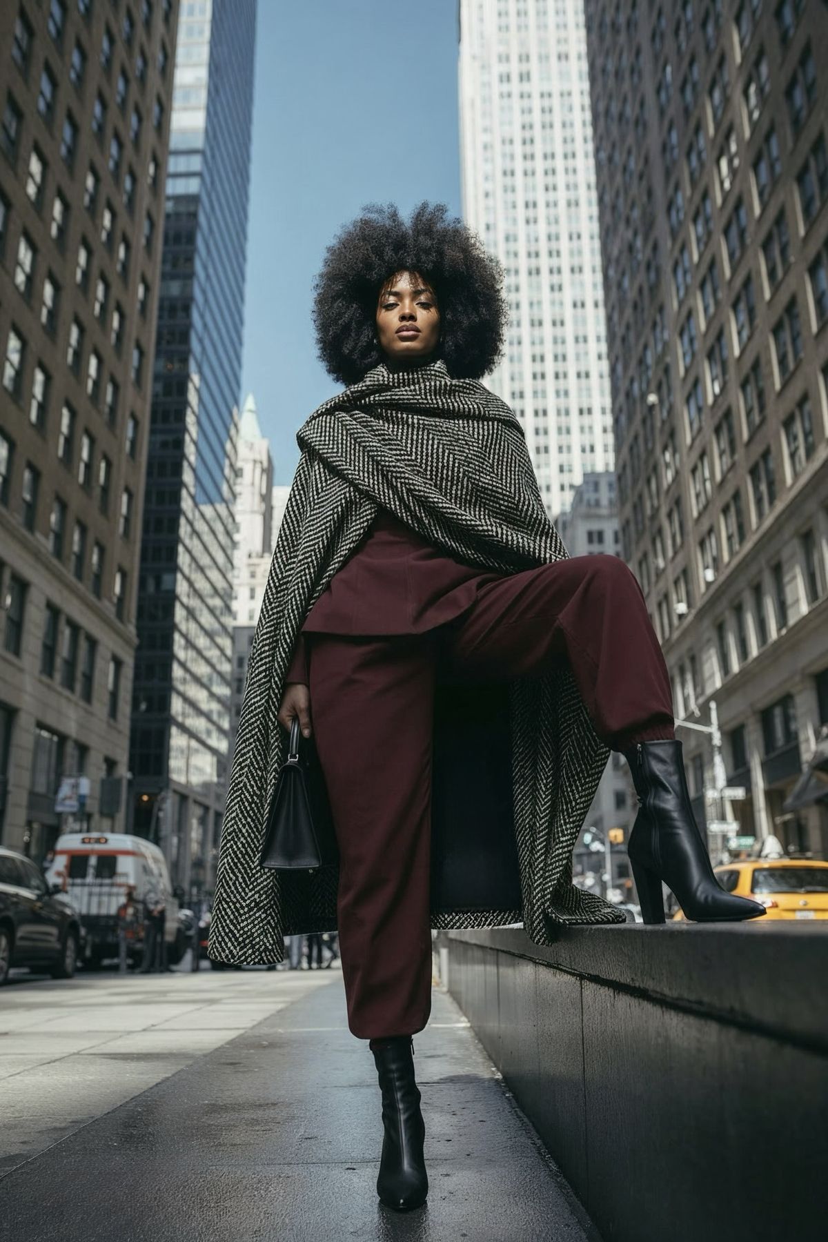 An inclusive woman in a structural wool coat standing in a modern public square in Bogotá, Colombia.