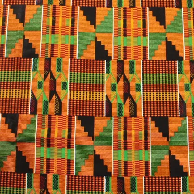 A picture of Kente strips showing gold, red, black, and green patterns, illustrating ceremonial meanings.