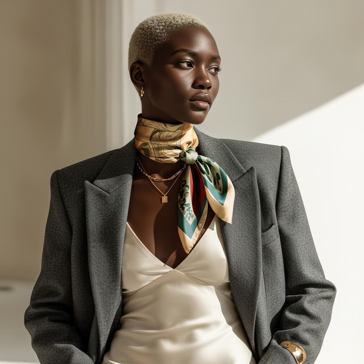 An inclusive woman in high-end layering, representing the visionary fusion of professional renewal and modern luxury.
