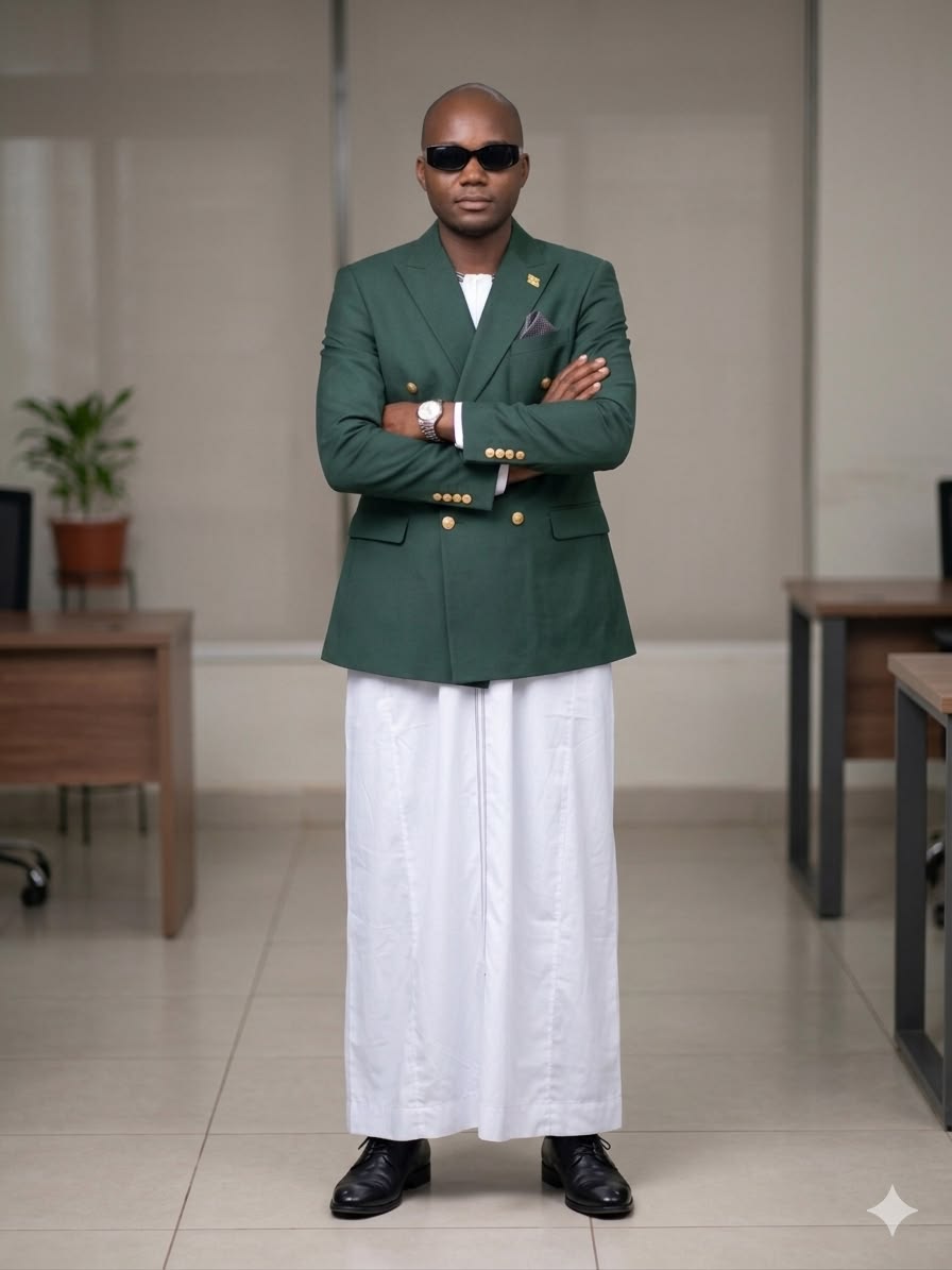 An inclusive man in a traditional, sustainable Kanzu and tailored blazer, representing the visionary fusion of heritage and modern luxury.
