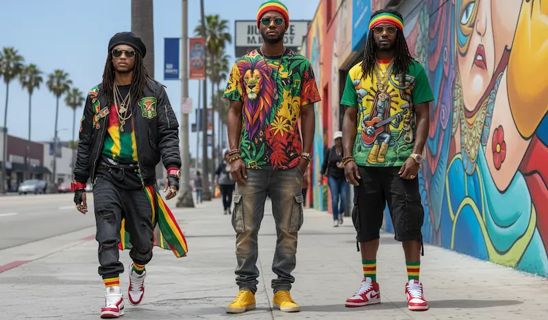 An image showing three musicians styled in designer collections directly inspired by dancehall fashion