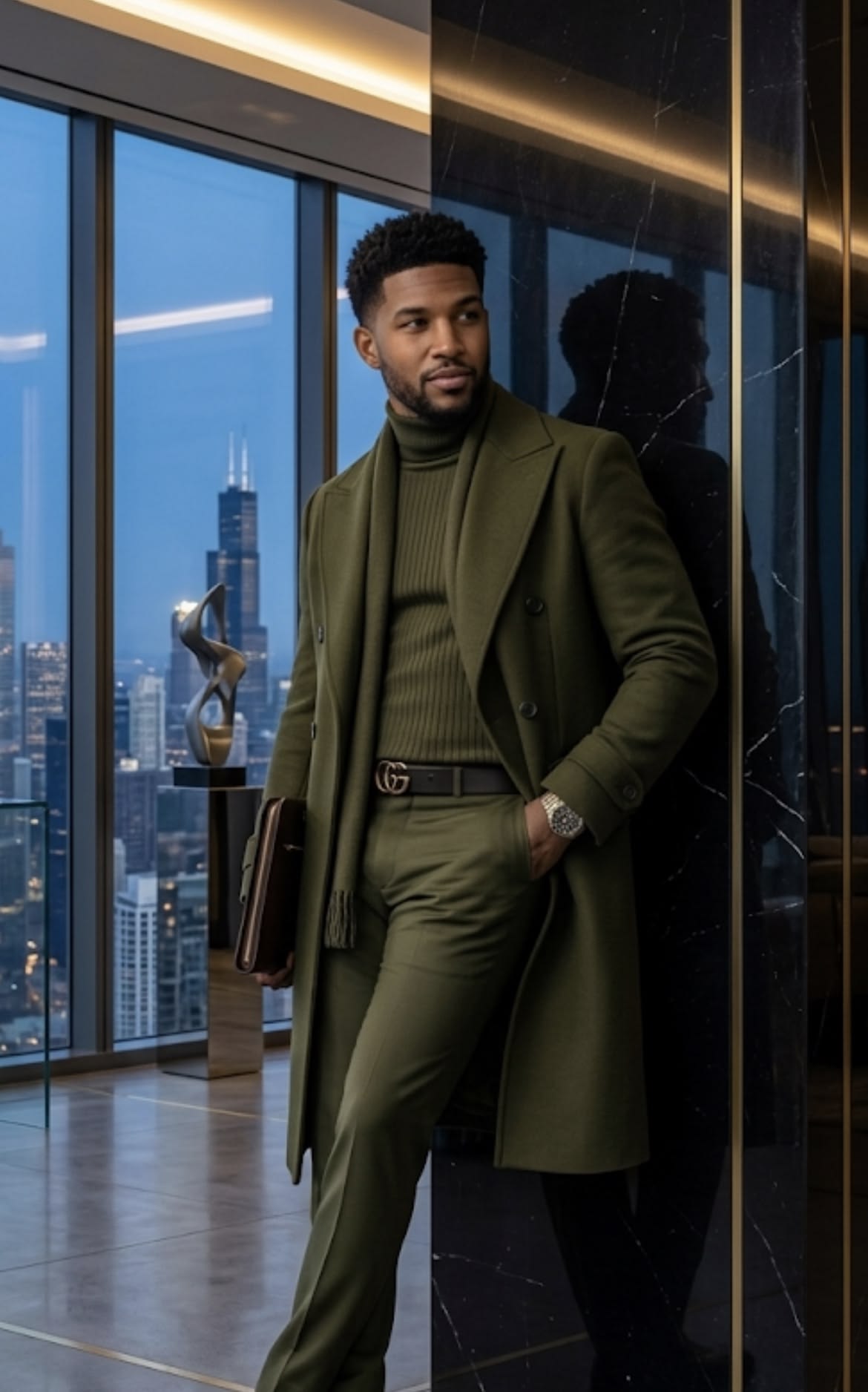 An inclusive man wearing a high-end sustainable coat and a classic timepiece, representing the visionary fusion of heritage and modern luxury.