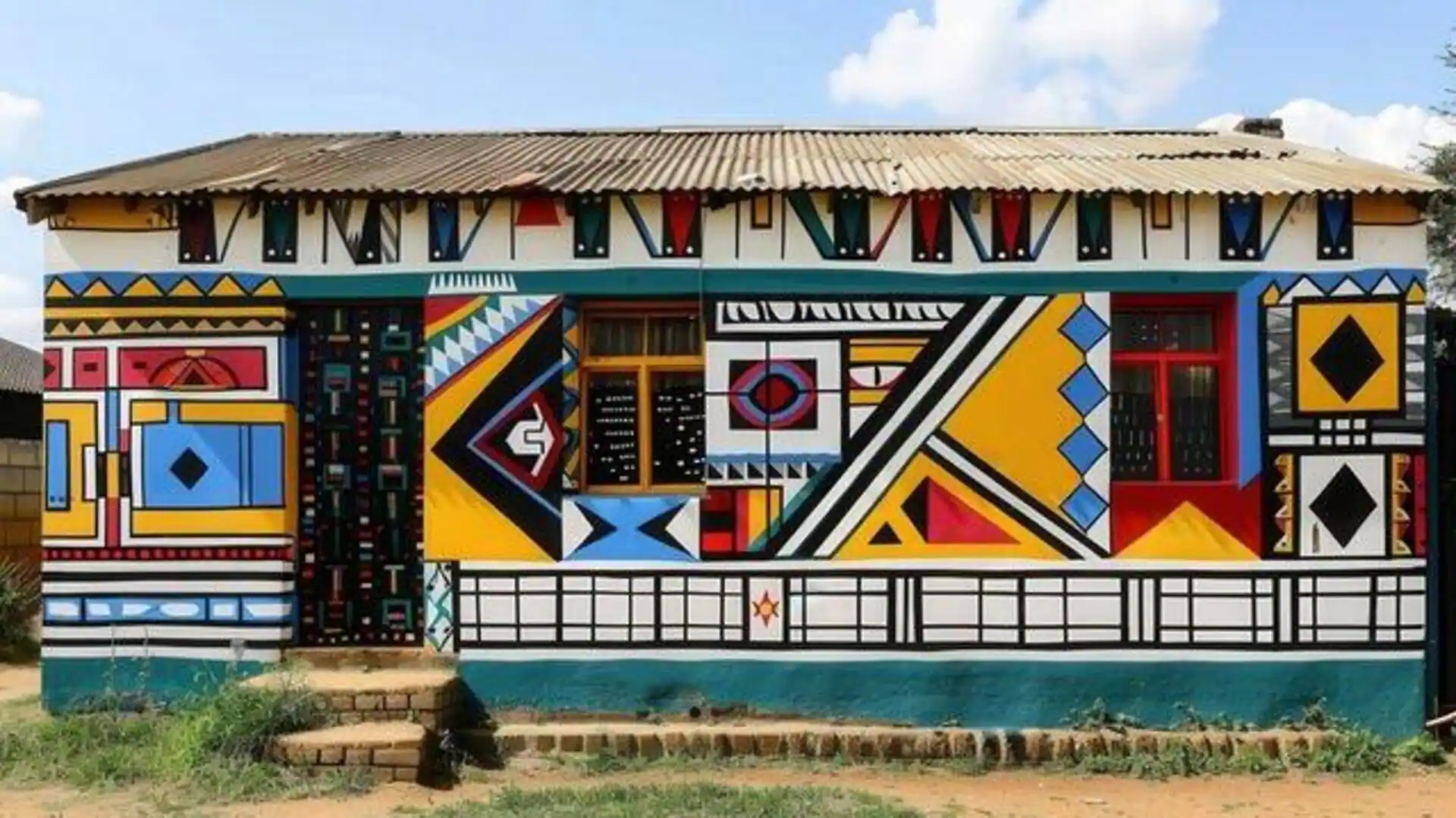 An image showing a house painted in Ndebele patterns
