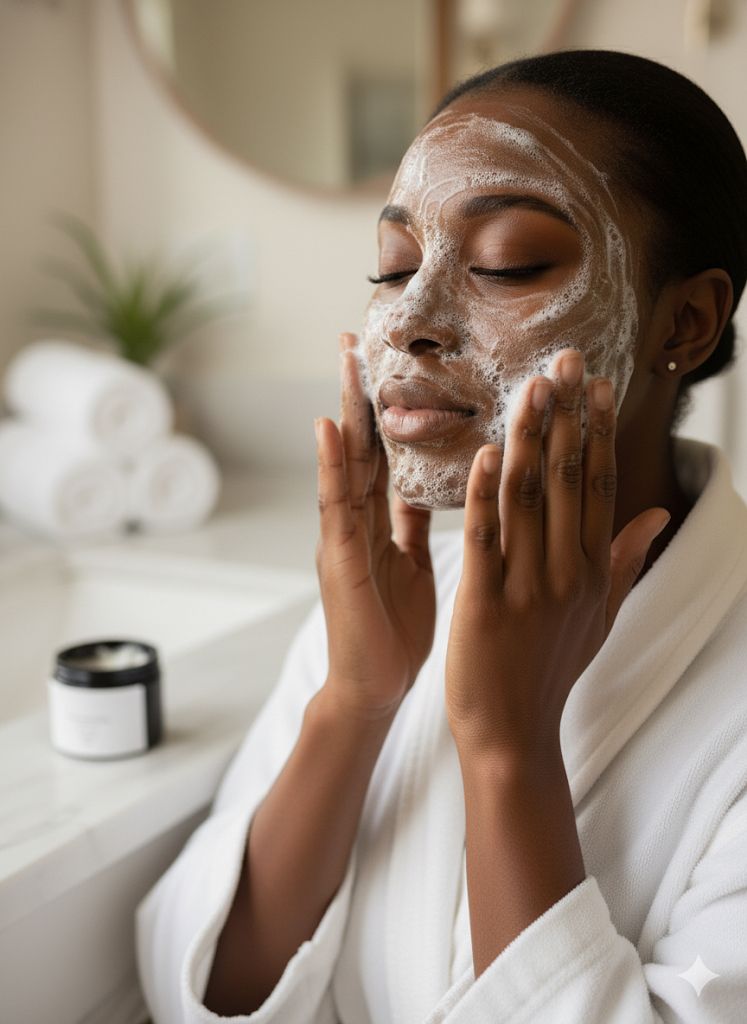 Traditional facial massage without tools, showing a natural skincare routine on dark skin.

