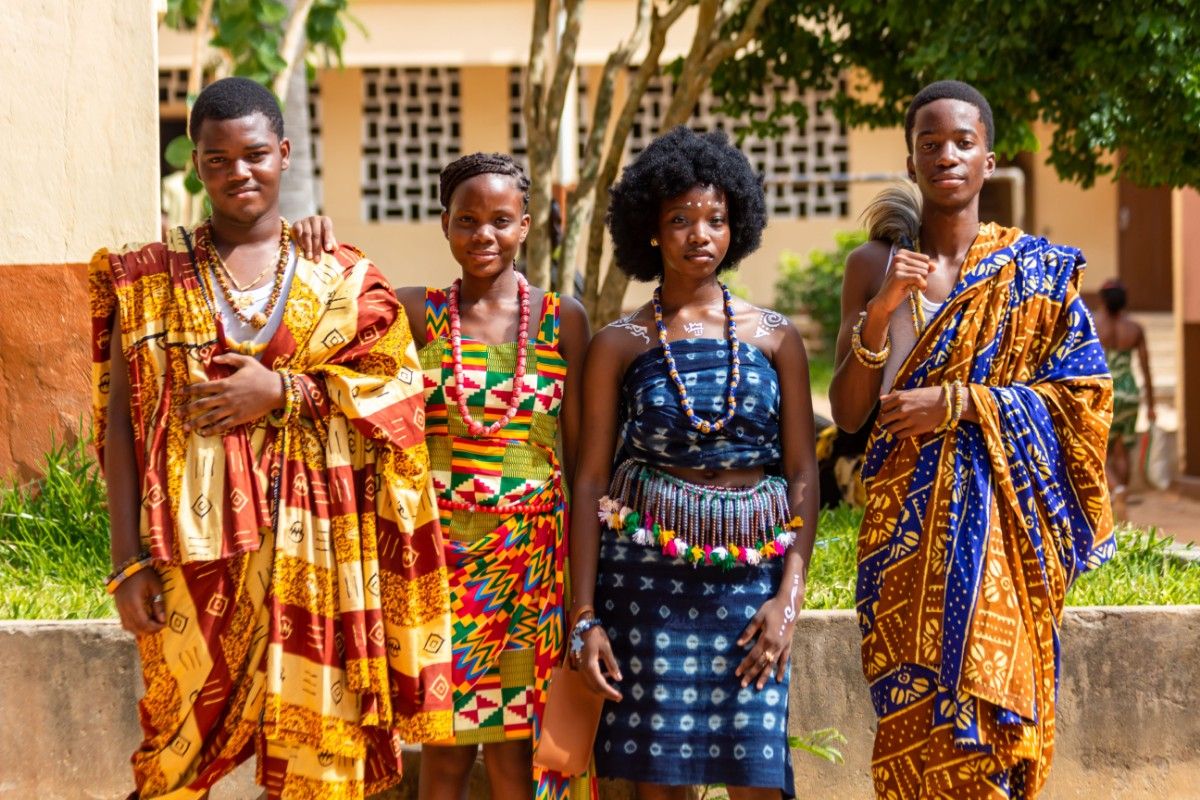 Traditional clothing in Togo shows ceremonial garments and cultural identity.
