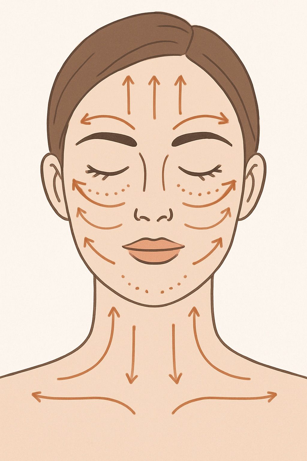 Facial massage techniques showing upward strokes and lymphatic drainage.
