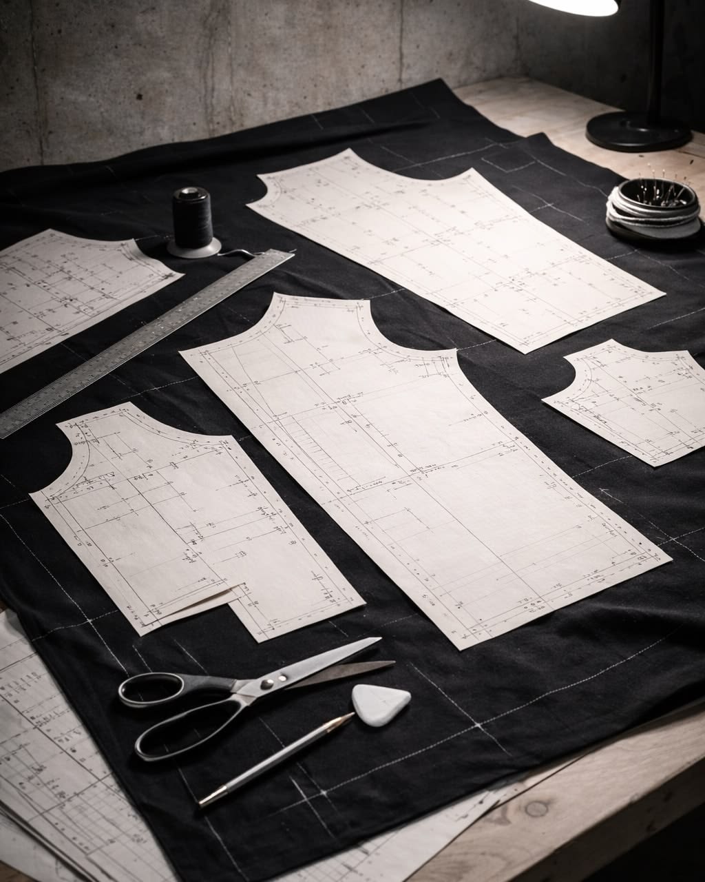 Tailor’s table in African city atelier showing fabric, tools, and hidden production costs.