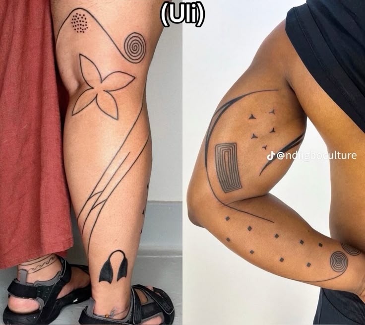 Comparison between temporary Igbo Uli body painting and contemporary permanent tattoo inspired by Uli motifs.