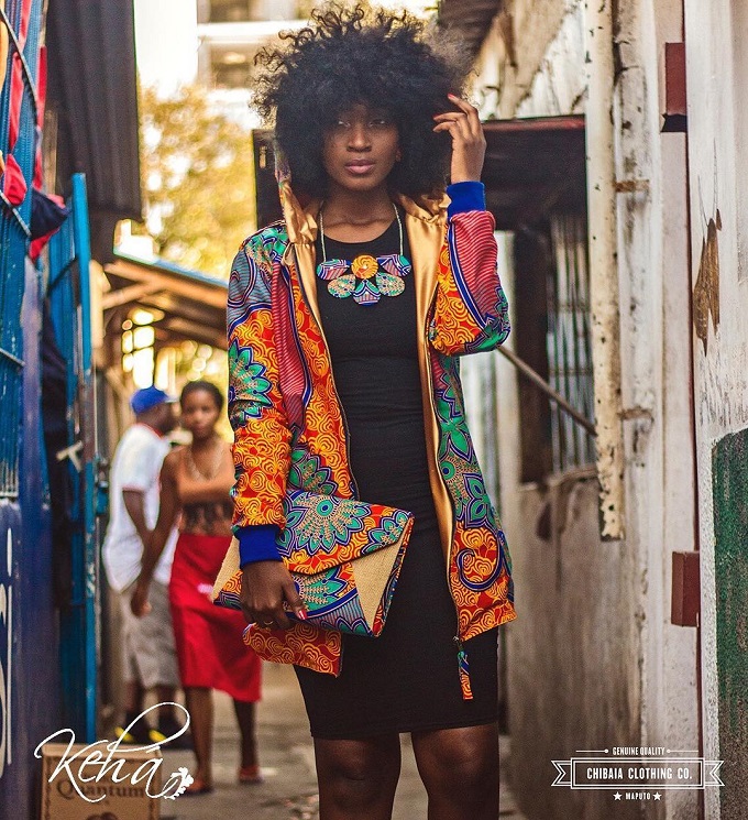 An image showing a lady wearing a jacket made from Mozambique Capulana Cloth
