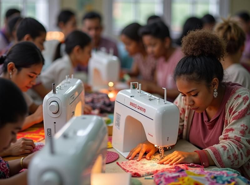 Dominican women artisans creating carnival costumes in a home workshop with colourful fabrics and sewing materials.