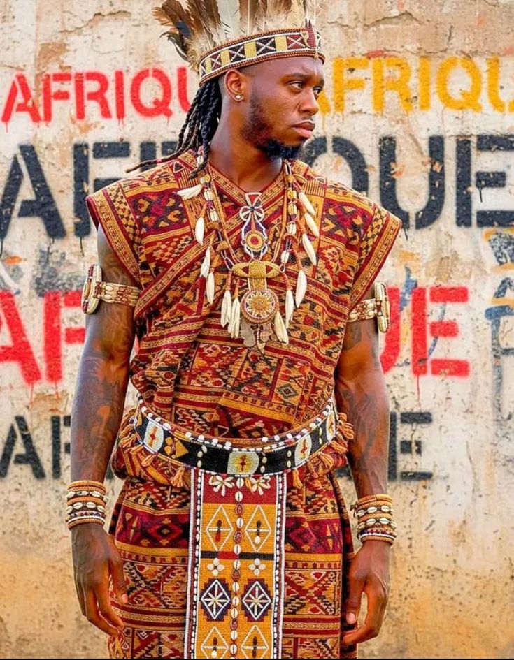 Panamanian Congo man wearing handmade decorated crown with feathers, shells, mirrors, and beads.