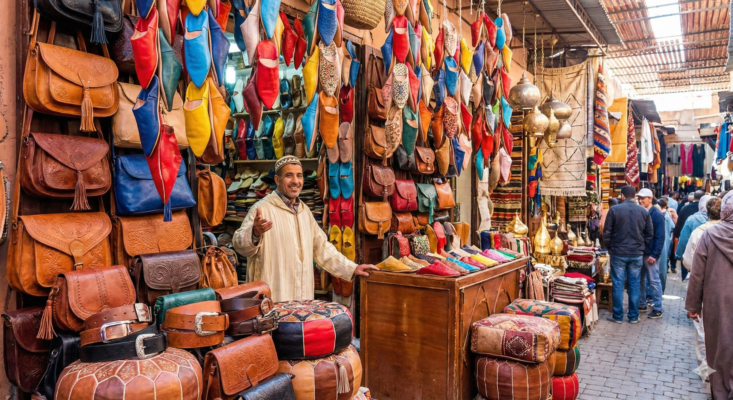 An image showing Morocco's babouche leather market